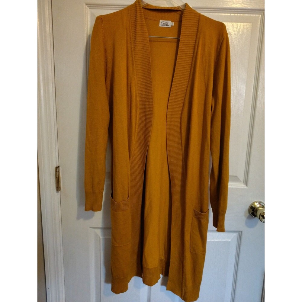 Cielo Yellow Solid Knit Open Front Cardigan Sweater V-Neck Pockets Long L